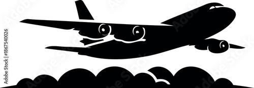 Minimalist black silhouette of a large commercial passenger jet aircraft flying high above a bank of clouds