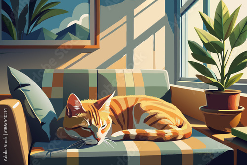 vector of Ginger cat sleeping on the sofa against the wall, close up
