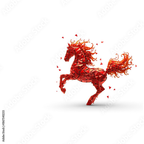 3D Abstract Celestial Horse Illustration Made of Floating Red and Gold Geometric Fragments for Chinese New Year 2026