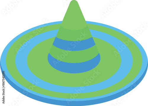 Green and blue striped sombrero isometric projection icon represents traditional mexican headwear