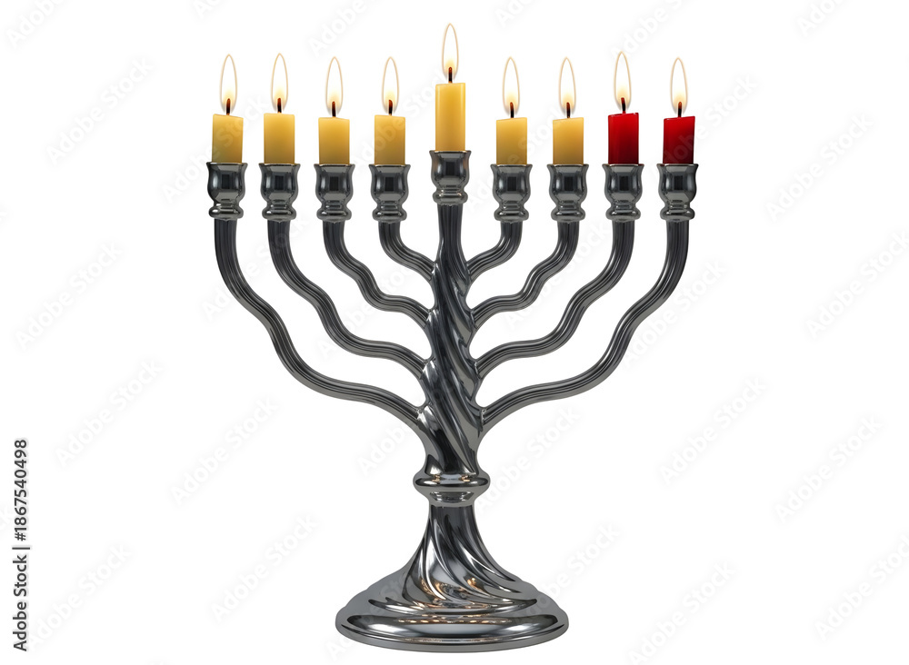 Fototapeta premium Silver hanukkah menorah with lit candles on transparent background