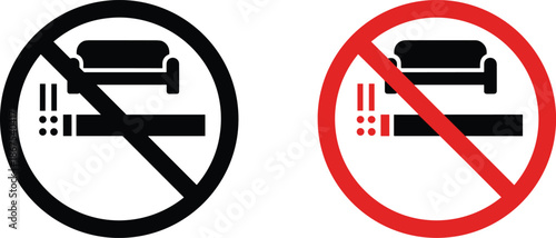 No smoking in furniture prohibition sign set featuring cigarette and sofa silhouettes with red and black warning circles.