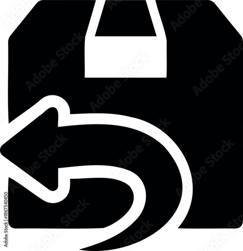 Simple icon of a cardboard box with a return arrow for shipping and refund services