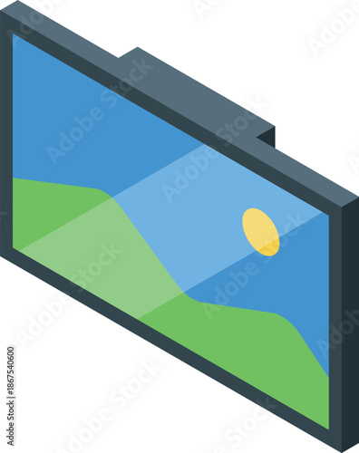 Isometric view of a modern smart tv displaying a relaxing nature landscape with green hills and a bright sun against a blue sky