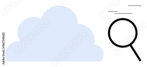 Blue cloud with a magnifying glass symbolizes cloud data search, analytics, and storage. Ideal for technology, cloud computing, big data, internet, research, efficiency simple flat metaphor