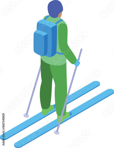 Skier ascending a slope using climbing skins, an isometric illustration of backcountry skiing or ski touring