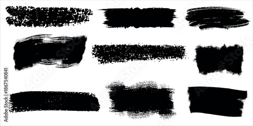 A collection of nine black brush strokes on a white background for artistic and design purposes