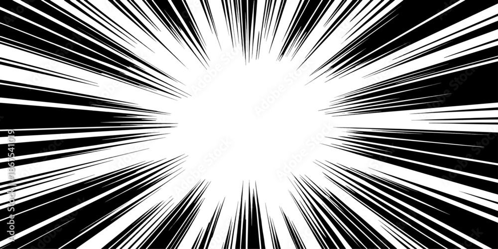 Obraz premium An abstract black and white burst background featuring digital fractal rays and star explosion effects creates a high energy motion design with bright light patterns and texture