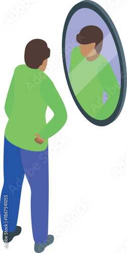 Young man examining himself in a mirror, reflecting on self image, identity, and personal growth