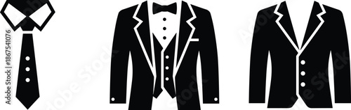 Formal menswear icon set featuring black suit silhouettes tuxedo with bowtie and necktie for professional business fashion branding.