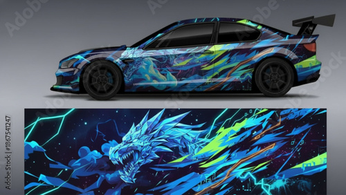 Dynamic blue dragon car wrap design with lightning and abstract energetic patterns.