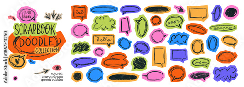 Funky y2k speech bubble scrapbook collection. Torn paper bubble shapes for dialogue, message and text. Comic colorful scrapbook collage speech bubbles. Hand drawn vector sketch balloons.