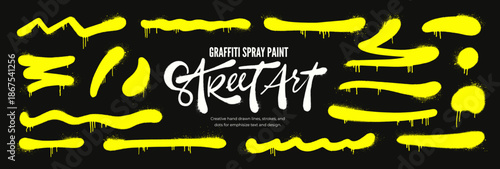 Bright lemon yellow graffiti spray paint underlines, wavy bold lines and dots for street art banner design. Hand drawn vector aerosol effect, bold noisy brush strokes and lines. Vandal street art.