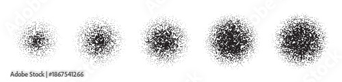 Dissolve spray dot collection with noise texture. Set of grain round dots, dissolve circle gradient, stipple effect. Grainy round shapes with fade gradation. Vector dirty dust sand noise effect.