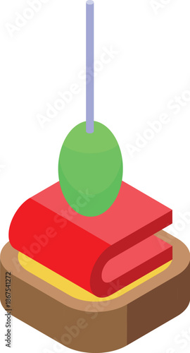 Isometric canape with ham, cheese and olive, holding by a stick, perfect for party catering and special events