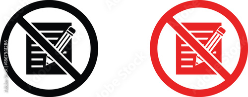 No writing prohibition sign set featuring document and pencil silhouettes with red and black warning circles for restriction.