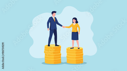Business people handshake on equal coin stacks for fair pay concept