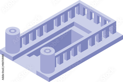 Immerse in the sanctity of an isometric mikveh, a jewish ritual bath, featuring columns and railings, evoking purity and tradition