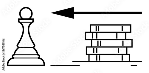 Chess and strategy concept. Chess pawn strategic thinking alongside a stack of coins and arrow direction. Chess metaphor for finance, decision-making, progress, and planning. Ideal for business