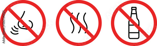 Safety prohibition icon set featuring no smelling no vapors and no alcohol symbols for laboratory and workplace regulation.