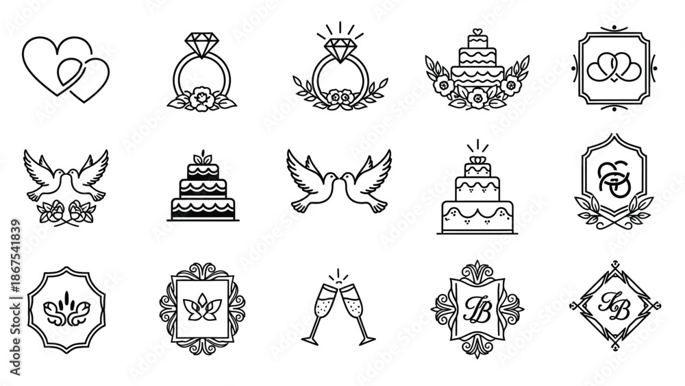 Αυτοκόλλητο Collection of wedding icons including hearts rings cakes doves and champagne in