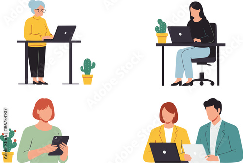 Remote Work and Online Collaboration Illustration Set with People Using Laptops and Tablets for Home Office, Freelance, and Digital Work Concepts