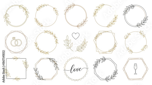 Collection of elegant floral wedding frames and borders with love themes with heart and romance and engagement and marriage and valentine
