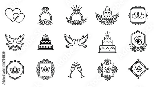 Collection of wedding icons including hearts rings cakes doves and champagne in elegant line art style for invitations and decorations with engagement