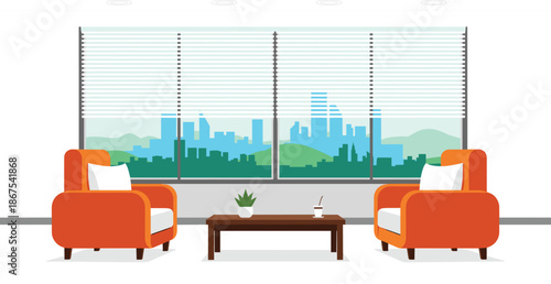 Modern Living Room Interior with Armchairs, Coffee Table, Large Window, and City View Flat Vector Illustration 
for Home Decor and Real Estate Designs