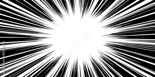 A black and white abstract background features a starburst pattern of light rays and energy beams creating a motion texture with a fractal art explosion design