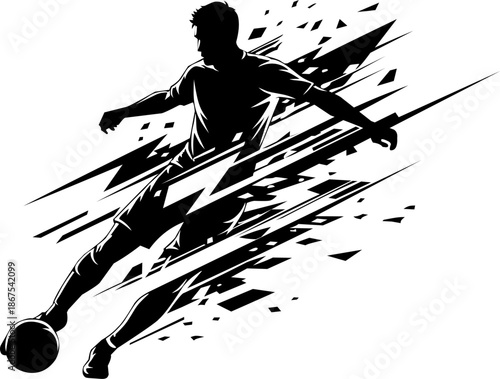 Silhouette of player powerfully kicking soccer ball. Suitable for sports, soccer, active lifestyle, energy, determination, and motion concepts.