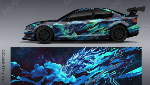 A custom-wrapped sports car featuring a vibrant blue and green abstract dragon design with a cosmic background.