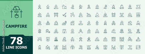 Campfire line icon set. Minimal thin line web icons set. Travel modern icon set. Includes thin line symbols vacation, camp, travel, kayak, forest and more.
