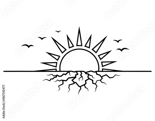 Extreme Heat and Drought Icon Illustration. Minimalist Vector of Intense Sun over Cracked Dry Ground for Global Warming, Climate Change, Water Scarcity, and Environmental Crisis.