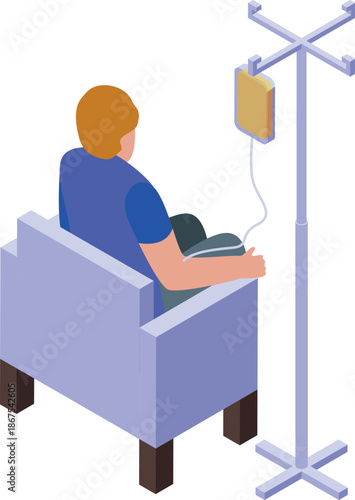Patient undergoing intravenous therapy, comfortably seated in an armchair, receiving treatment through an iv drip