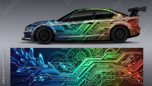 Vibrant car wrap design featuring abstract circuit board patterns, gears, and crystals in a colorful gradient.