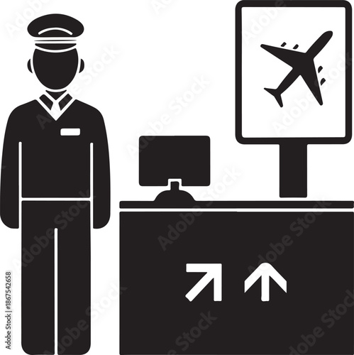 Airline staff at check-in counter with airplane sign