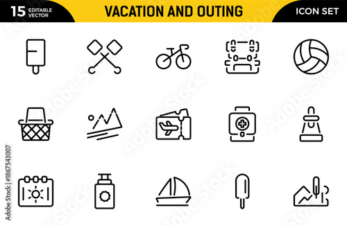 Vacation and Outing icon set. Contain linear symbols camp, tent, hiking, tourism, Outing, camping, kayak, tour and more. Thin outline icons pack. Vector illustration
