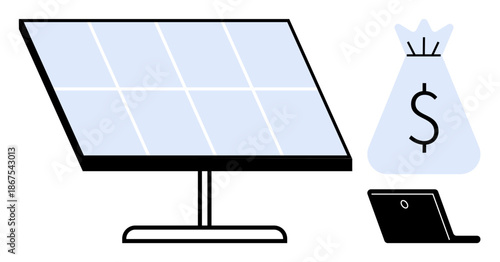 Solar panel with money bag and laptop emphasizing renewable energy benefits, financial savings, sustainability, green tech, investment opportunities, eco-friendliness, and energy efficiency