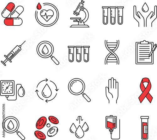 Hematology and laboratory diagnostics line icons set featuring blood drops test tubes microscopes DNA strands and medical symbols.