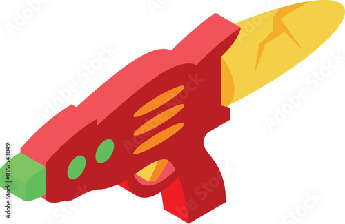Red plastic toy gun shooting a baguette, funny isometric weapon concept