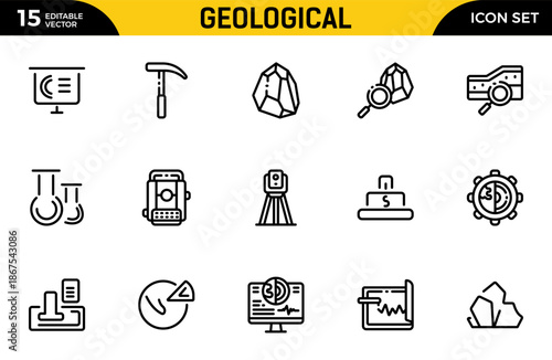 Geological outline icon set. Mining related icon set. Included ground, geology, mining, earth and more.Thin outline icons pack. Vector illustration