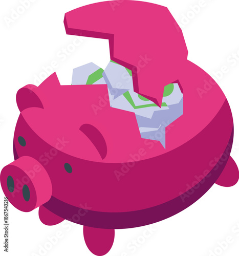 Broken piggy bank revealing cash savings, symbolizing economic hardship and financial crisis