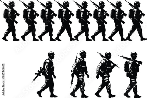 Soldier Marching Silhouette, Military Action, Armed Forces, Marching Troops, Soldier in Uniform, Combat, Army Movement, Military Poses