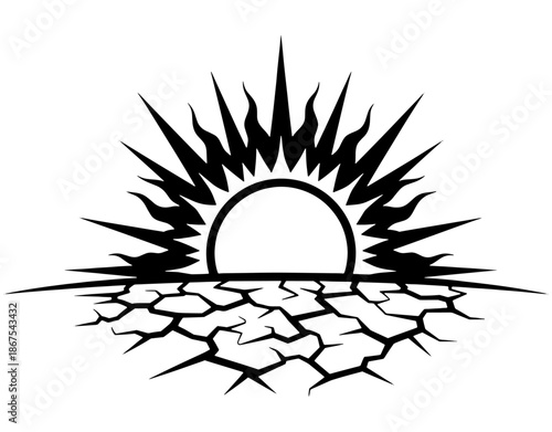 Extreme Drought and Global Warming Icon. Minimalist Vector Illustration of Intense Sun over Cracked Dry Soil for Climate Change, Heatwave, and Environmental Crisis Concept Design.