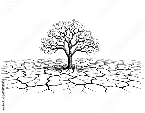 Dead Tree on Cracked Dry Ground Illustration. Minimalist Vector of Leafless Tree for Global Warming, Drought, Environmental Crisis, Climate Change, and Nature Concept Design.
