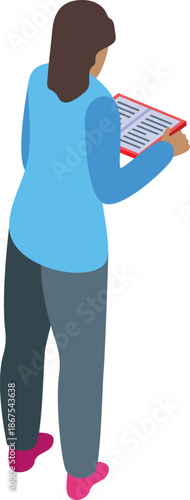 Woman completely absorbed in reading, standing with a book in her hands