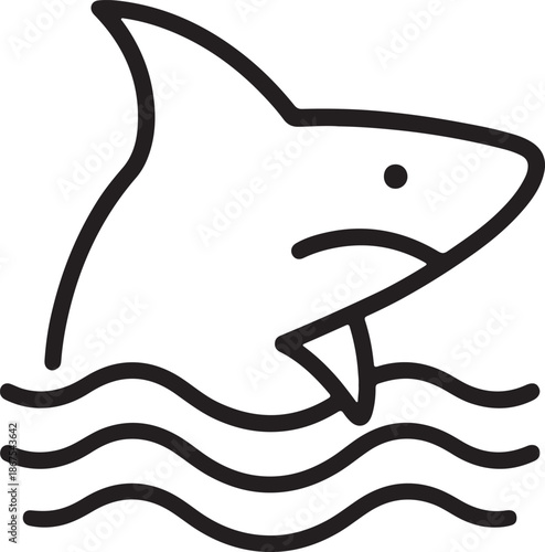 Simple black and white illustration of a shark swimming in wavy water