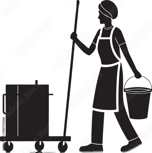 Janitor pushing cleaning cart with bucket and mop