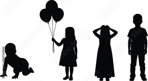 Children silhouettes showing growth stages from crawling baby to standing kids holding balloons, childhood development, innocence, family life concept isolated white background